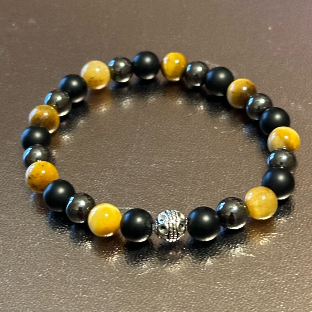 Men’s Tigers Eye, Matt Onyx & Hematite stretch bracelet 7-8.